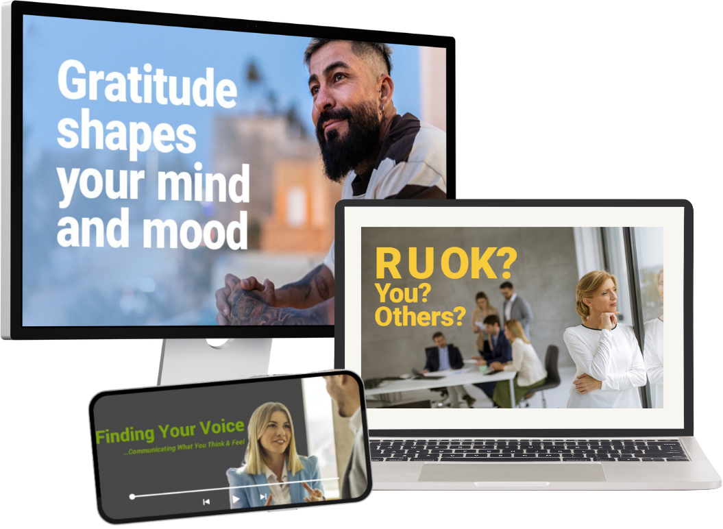 Proactive EAP content shown across desktop, laptop and phone: Gratitude shapes your mind and mood, R U OK?, Finding Your Voice